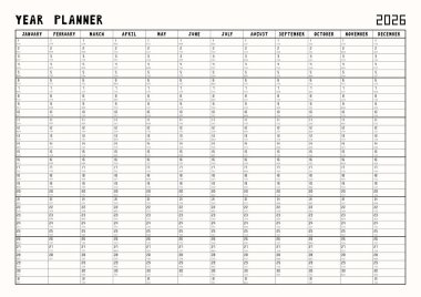 Takvim 2026, notlar için krem arkaplan planlayıcı şablonu. Vektör illüstrasyonu.