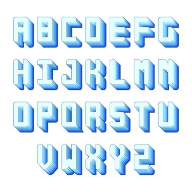 Beyaz zemin üzerinde 3D izometrik etkisi olan mavi alfabe harfleri. Vektör illüstrasyonu.