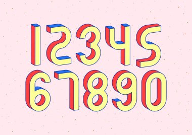 Soyut arkaplan üzerinde 3d izometrik efektli sayılar kümesi. Renkli tipografi tasarımı ögeleri 1, 2, 3, 4, 5, 6, 7, 8, 9, 0. 