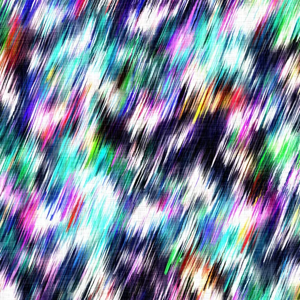 Borroso arco iris acuarela tejido lino textura fondo. Grunge angustiado corbata tinte melange patrón sin costura. Efecto de tejido abigarrado brillante ombre glitch en toda la impresión. — Foto de Stock