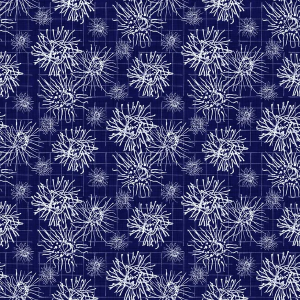 Απρόσκοπτη υφή εκτύπωσης indigo μπλοκ. Ναυτικό μπλε υφαντό βαμβακερό βαμμένο φόντο εφέ. Ιαπωνική επανάληψη μπατίκ αντίσταση μοτίβο μοτίβο. Ασιατική σύντηξη σε όλο το ύφασμα θαμπάδα εκτύπωση. — Φωτογραφία Αρχείου