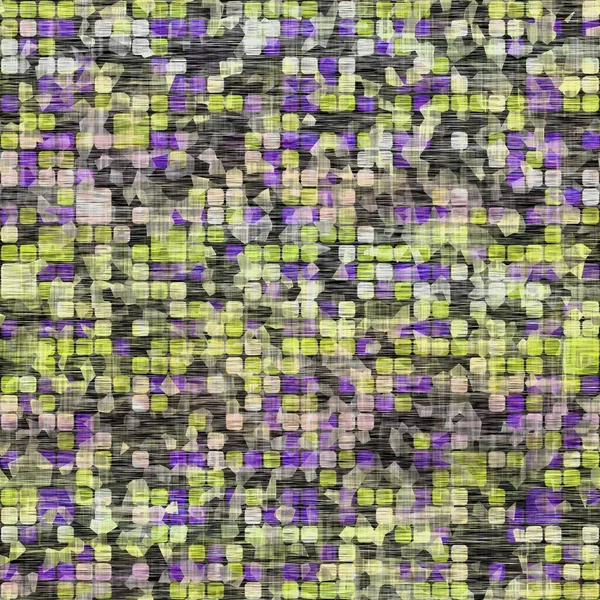 Seamless distressed mottled tie dye woven texture background.Distressed boho blur washed pattern. Blotched aged lime yellow purple cloth effect. Ragged old mash up painterly collage all over print. — Stock Photo, Image