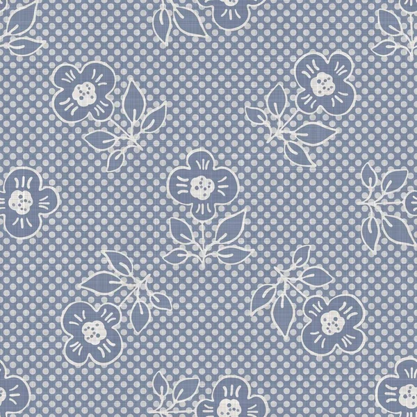 Seamless french farmhouse linen printed floral damask background. Provence blue gray linen pattern texture. Shabby chic style woven blur background. Textile rustic all over print