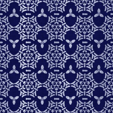 Kusursuz çivit mavisi dokusu. Donanma mavisi işlemeli pamuk boyalı efekt arka planı. Japonlar batik direncini tekrarlıyor. Kumaşın her yerinde Asya füzyonu var..