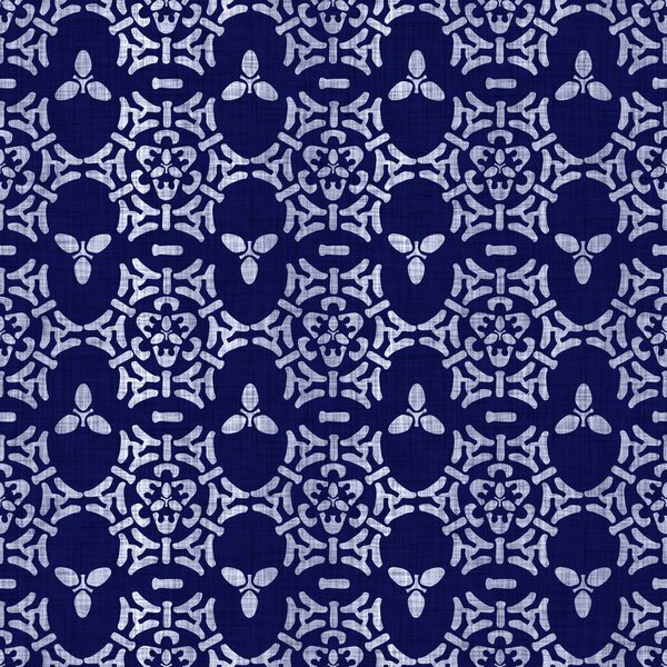 Seamless indigo damask texture. Navy blue woven ornate cotton dyed effect background. Japanese repeat batik resist pattern. Asian fusion all over textile blur cloth print.