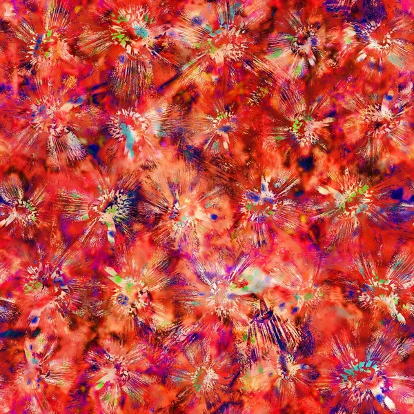 ブラリーレッドの絵画水彩の花のコラージュテクスチャの背景。接着不良のタイ染料花のメランジュシームレスなパターン。バリエーション豊かな明るいオムブレムグリッチ効果｜print. — ストック写真