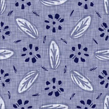 İndigo mavisi çiçek bloğu boyanmış keten desenli arka plan. Kusursuz örülmüş Japonlar batik kumaş örneklerini tekrarlıyorlar. Çiçeksel organik bulanık blok izleri tekstilin her yerinde.