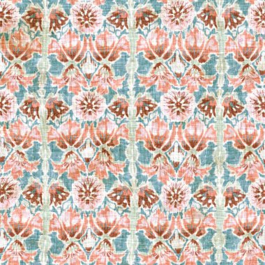 Kusursuz folklor Hindistan 'ın blok çiçek arka planı. Arabesk etnik yumuşak döşeme kumaşı tarzı. Boya desenli yumuşak bir tekstil. Her yerde boya lekesi var.