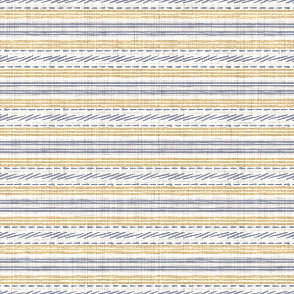 Seamless french blue yellow farmhouse style stripes texture. Woven linen cloth pattern background. Line striped closeup weave fabric for kitchen towel material. Pinstripe fiber picnic table cloth