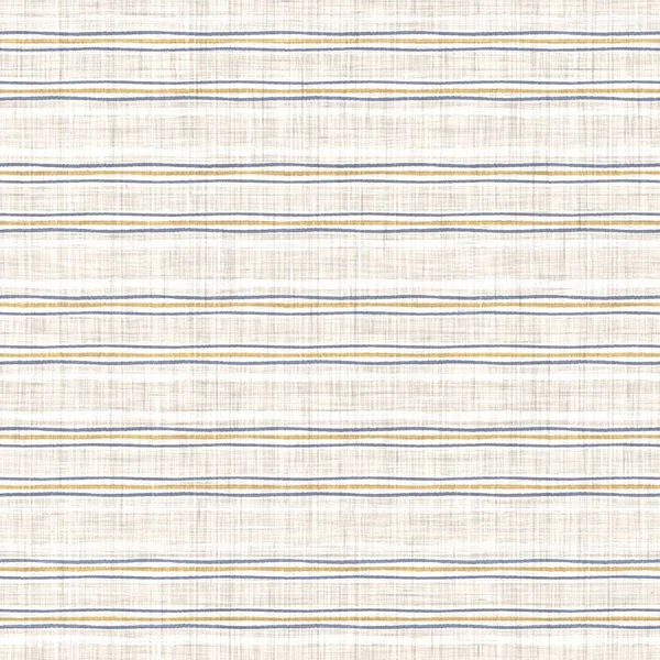 Seamless french blue yellow farmhouse style stripes texture. Woven linen cloth pattern background. Line striped closeup weave fabric for kitchen towel material. Pinstripe fiber picnic table cloth