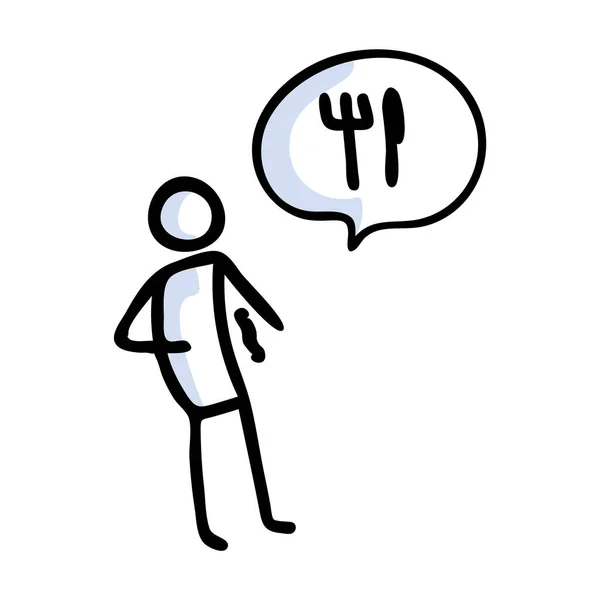 Stickman dibujado a mano hambriento con burbuja del habla. Esquema simple hambre hambre garabato icono clipart. Para ilustración de bocetos de alimentos. — Archivo Imágenes Vectoriales