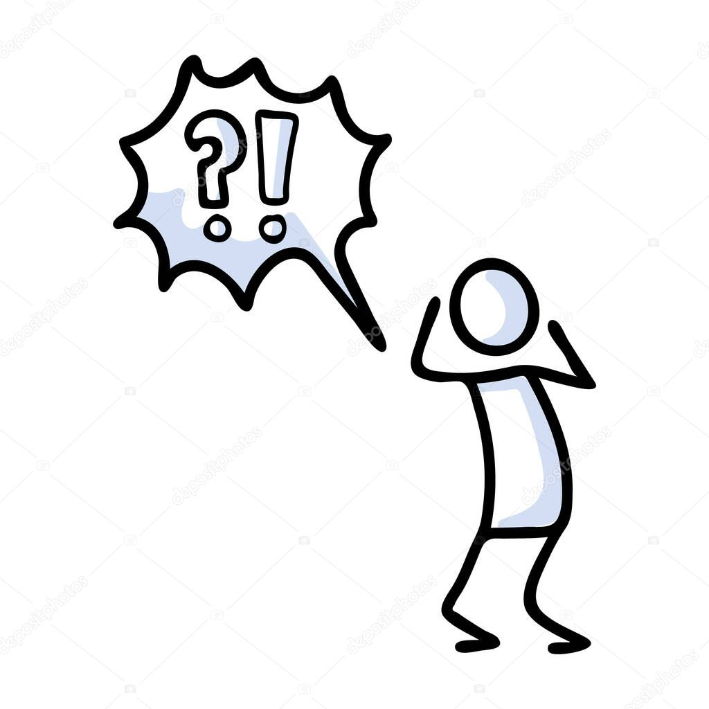 Hand drawn stickman shocked with speech bubble exclamation point. Simple outline surprise doodle icon clipart. For alert clipart. 