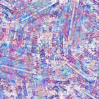 Kusursuz yaz boho 'su parmak izini sildi. Grunge hafif suluboya kolaj dokusu arka planı. Plaj desenli tekstil kumaşı. Boya mavisi, pastel, bulanık, püre, her yerde arıza var. 