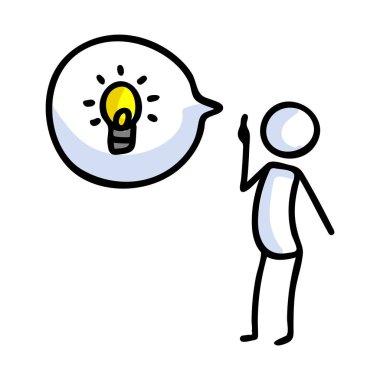 Konuşma baloncuğu ampulü fikri ile el çizimi bir stickman. Basit dahiyane düşünce karalama ikonu klipsi. Meraklı parlak fikir çizimi için.