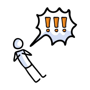 El çizimi stickman konuşma baloncuğu ünlem işaretiyle şok oldu. Basit taslak sürpriz karalama simgesi klibi. Tetikte olmak için.. 