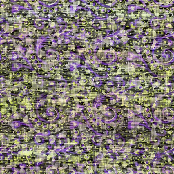 Seamless distressed mottled tie dye woven texture background.Distressed boho blur washed pattern. Blotched aged lime yellow purple cloth effect. Ragged old mash up painterly collage all over print. — Stock Photo, Image