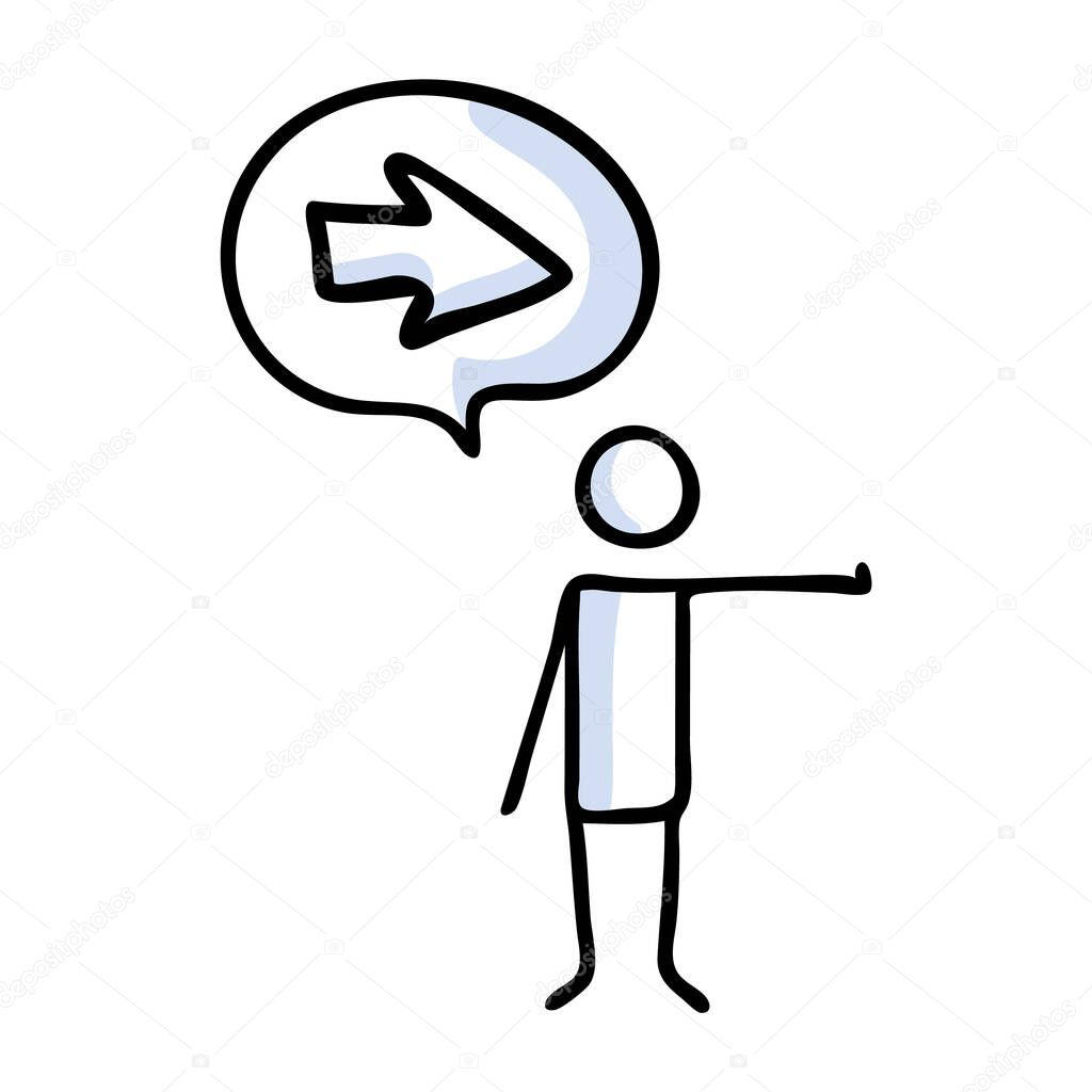 Hand drawn stickman with speech bubble pointing right direction. Simple outline direction pointing doodle icon clipart. For arrow sketch illustration. 