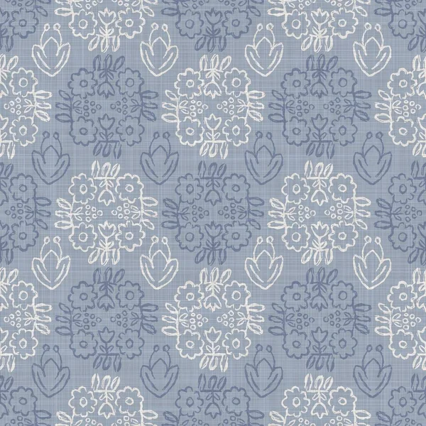 Nahtloses französisches Bauernhaus Damast Leinenmuster. Provence blau weiß gewebte Textur. Shabby chic Stil dekorativen Stoff Hintergrund. Textil rustikal auf der ganzen Linie — Stockfoto