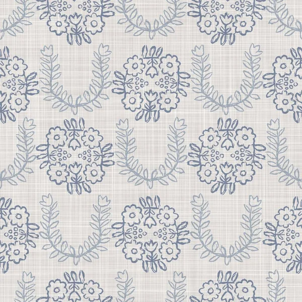 Varrat nélküli francia parasztház damaszt vászon minta. Provence kék fehér szőtt textúra. Shabby elegáns stílusú dekoratív szövet háttér. Textil rusztikus minden nyomtatott — Stock Fotó