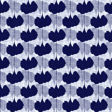 Kusursuz çivit mavisi dokusu. Donanma mavisi işlemeli pamuk boyalı efekt arka planı. Japonlar batik direncini tekrarlıyor. Kumaşın her yerinde Asya füzyonu var..