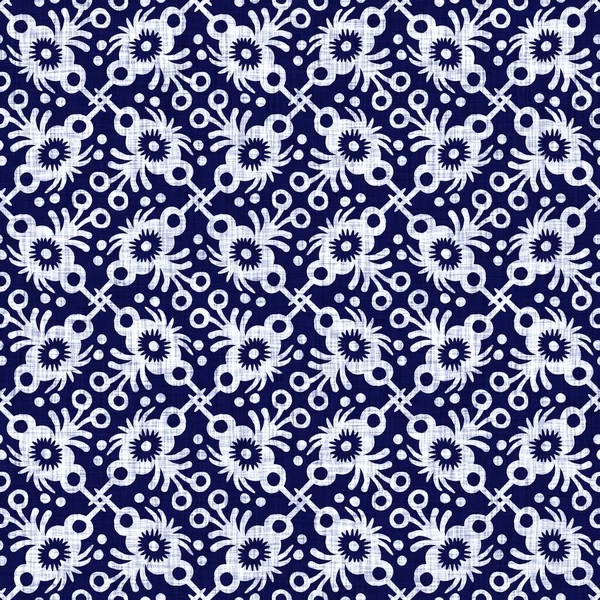 Indigo blue flower block print dyed linen texture background. Seamless woven japanese repeat batik pattern swatch. Floral organic distressed blur block print all over textile. — Stock Photo, Image