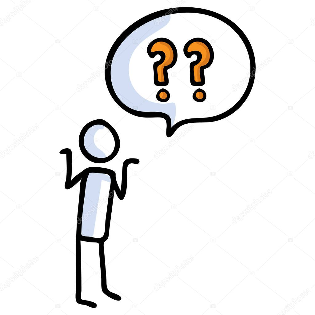 Hand drawn stickman confused with speech bubble question mark. Simple outline curious doodle icon clipart. For question support clipart. 