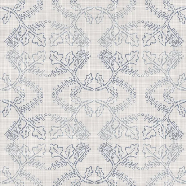 Seamless french farmhouse foliage linen pattern. Provence blue white woven texture. Shabby chic style decorative leaf fabric background. Textile rustic all over print