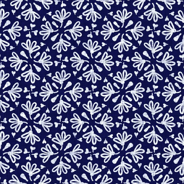 Indigo blue flower block print dyed linen texture background. Seamless woven japanese repeat batik pattern swatch. Floral organic distressed blur block print all over textile. — Stock Photo, Image
