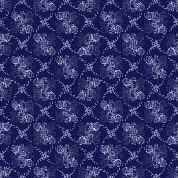 シームレスな藍のダマスクテクスチャ。ネイビーブルーの織り華やかな綿染め効果の背景。日本の繰り返しバティック抵抗パターン。アジアの融合｜print. — ストック写真