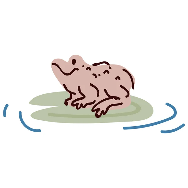 Linda rana de salto de dibujos animados en la ilustración del vector lineal lirio almohadilla. Clipart de pegatina de anfibios simples. Niños lake wildlife hand drawn kawaii aquatic toad. — Archivo Imágenes Vectoriales