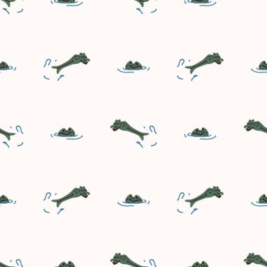 Şirin gölet atlama kurbağa vektör deseni. Vahşi yaşam amfibik ev dekoru ve çizgi film karakurbağası. Her yerde kusursuz vıraklayan hayvanlar var.. 