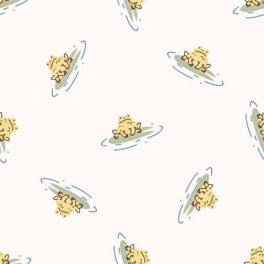 Nilüfer çiçeği vektör desenli şirin kurbağa. Vahşi yaşam amfibik ev dekoru ve çizgi film karakteri göl kurbağası. Her yerde kusursuz vıraklayan hayvanlar var.. 