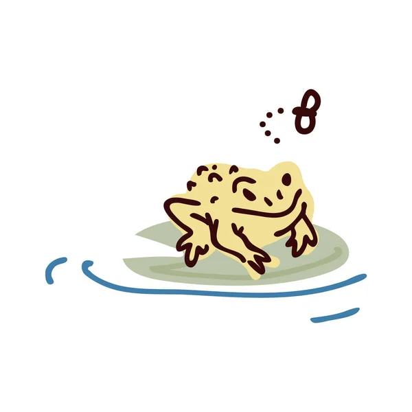 연못 백합 위에 있는 귀여운 만화 개구리와 파리 선형 벡터 그림이 있습니다. 단순 한 양서류 스티커 조각입니다. 아이들이 그린 카와 비두꺼비 호수 야생 동물. — 스톡 벡터