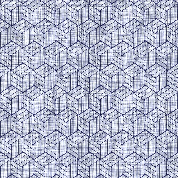 Textura geométrica índigo sin costuras. Azul marino tejido geo forma algodón teñido efecto fondo. Batik repetición japonesa resistir patrón motivo abstracto. Fusión asiática por todo el tejido borroso impresión de tela. —  Fotos de Stock