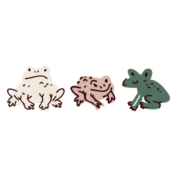 Lindo dibujo animado rana establecer ilustración vector lineal. Clipart de pegatina de anfibios simples. Niños lake wildlife hand drawn kawaii toad. — Vector de stock