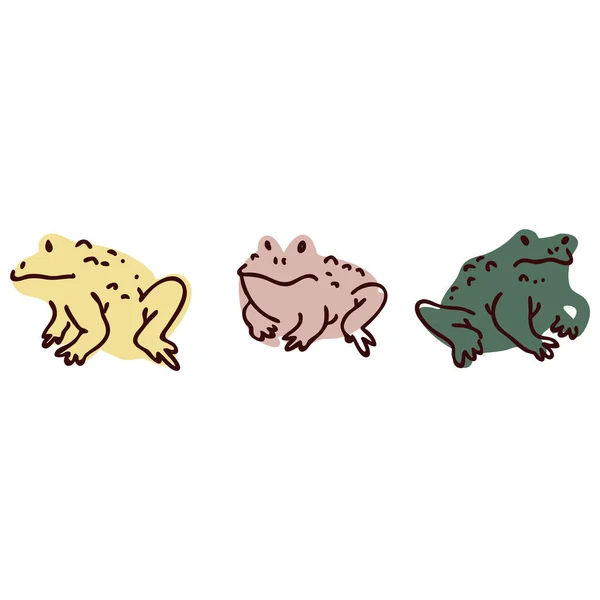 Lindo dibujo animado rana establecer ilustración vector lineal. Clipart de pegatina de anfibios simples. Niños lake wildlife hand drawn kawaii toad. — Vector de stock