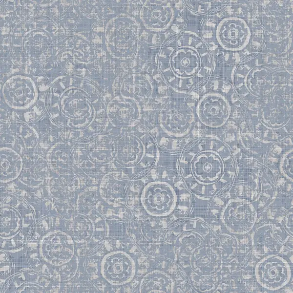 シームレスなフランスの農家リネン斑入りプリントの背景。プロバンスブルーグレーのリネン素朴パターンテクスチャ。みすぼらしいシックなスタイルは、すべての印刷の上に織られたブラー亜麻の繊維. — ストック写真