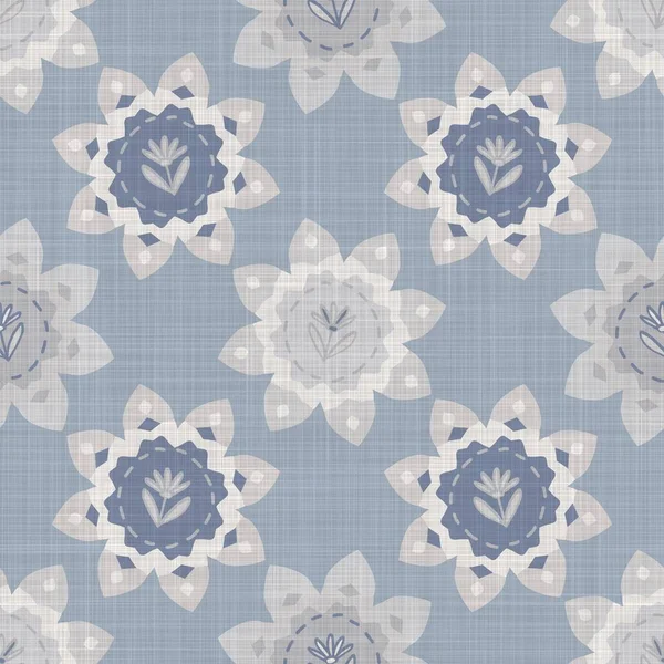 Naadloze franse boerderij linnen bedrukt bloemen damast achtergrond. Provence blauw grijs linnen patroon textuur. Shabby chique stijl geweven wazig achtergrond. Textiel rustiek overal print — Stockfoto