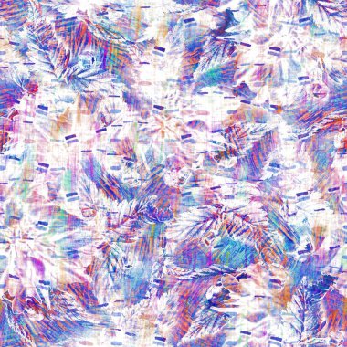 Kusursuz yaz boho 'su parmak izini sildi. Grunge hafif suluboya kolaj dokusu arka planı. Plaj desenli tekstil kumaşı. Boya mavisi, pastel, bulanık, püre, her yerde arıza var. 