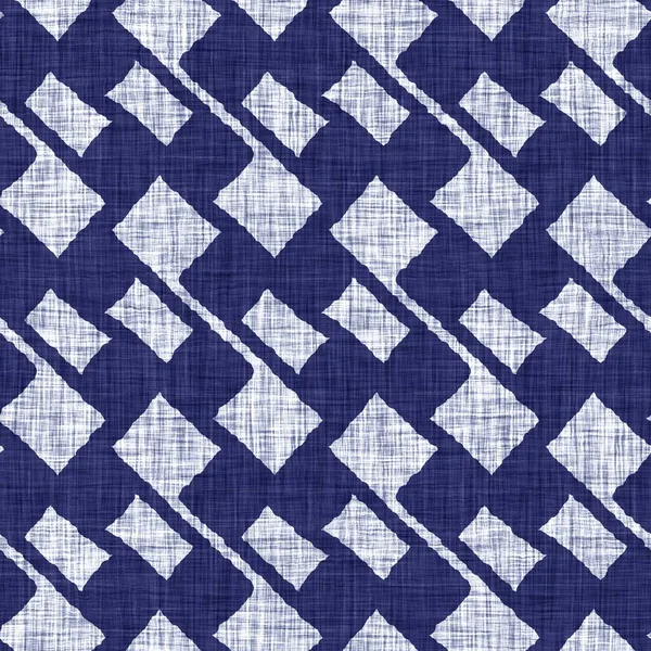 Struttura geometrica indaco senza cuciture. Blu navy tessuto geo forma cotone tinto effetto sfondo. Ripetizione giapponese batik resistere motivo astratto. Fusione asiatica su tutta la stampa di tessuti sfocati. — Foto Stock