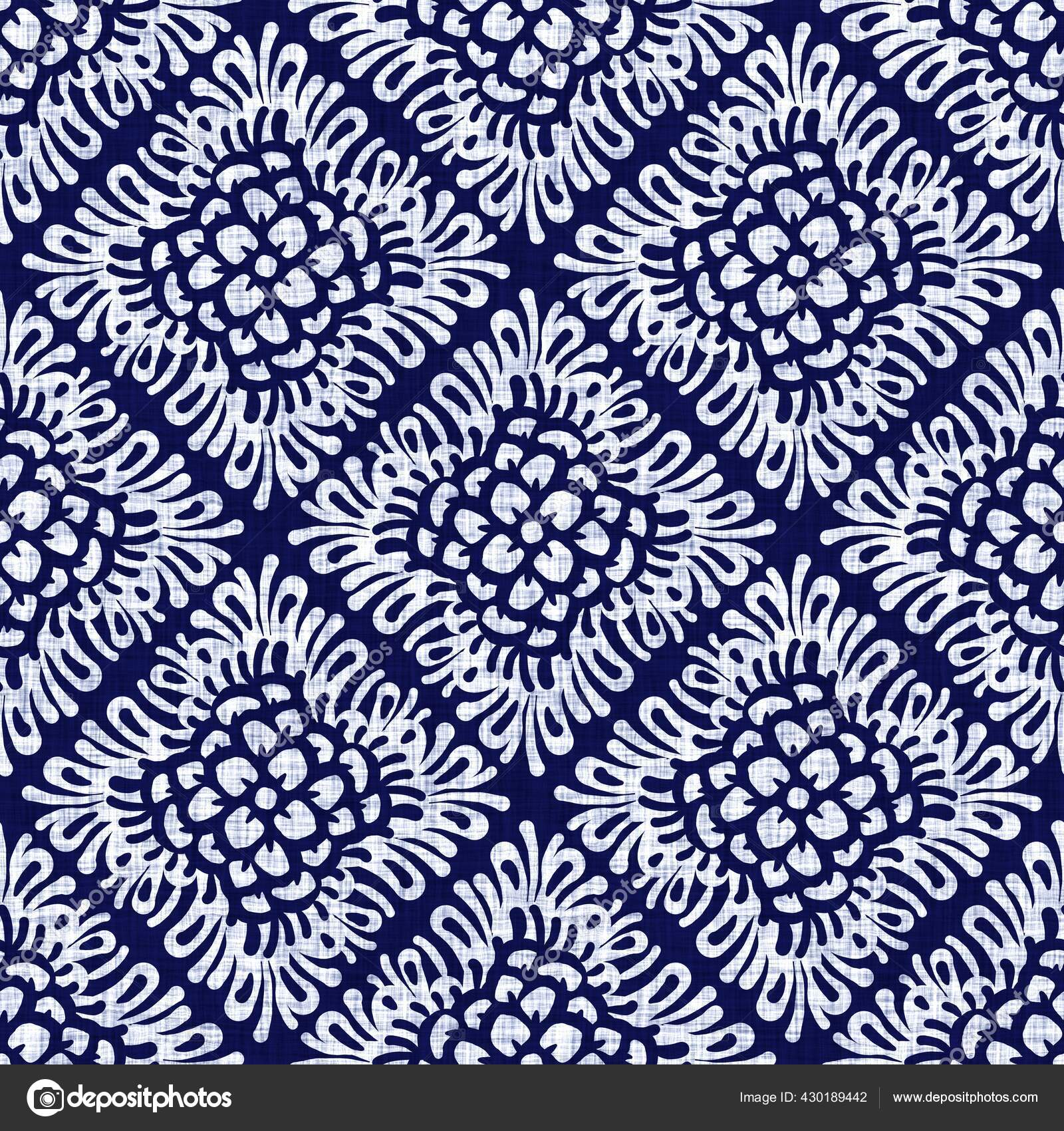 Indigo azul flor bloque impresión teñido de lino textura de fondo. Muestra  de patrón batik repetición japonesa tejida sin costura. Bloque de  desenfoque afligido orgánico floral estampado por todo el textil.  Ilustración, image size:1600x1700