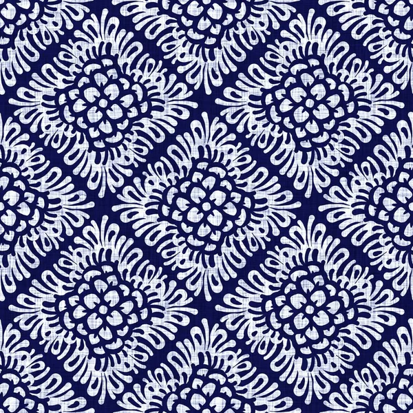 Indigo blue flower block print dyed linen texture background. Seamless woven japanese repeat batik pattern swatch. Floral organic distressed blur block print all over textile. — Stock Photo, Image