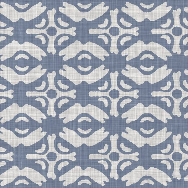 Seamless french farmhouse linen summer block print background. Provence blue gray linen rustic pattern texture. Shabby chic style old woven flax blur. Textile all over print.