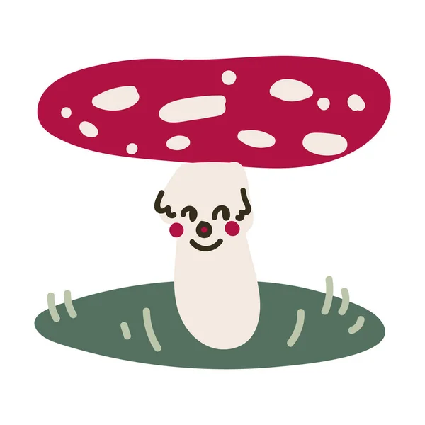 Cogumelo de toadstool de desenho animado bonito com ilustração de vetor de lineart monocromático facial. Simples mosca clipart etiqueta agárica. Crianças fungos venenosos mão desenhada kawaii micologia. — Vetor de Stock