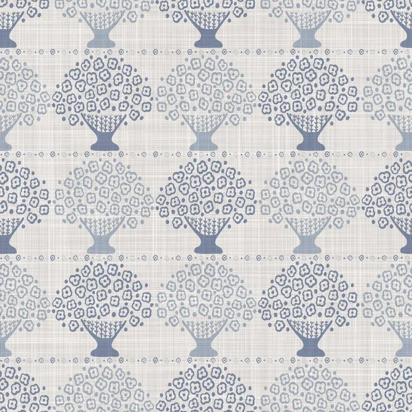 Seamless french farmhouse linen printed floral damask background. Provence blue gray linen pattern texture. Shabby chic style woven blur background. Textile rustic all over print