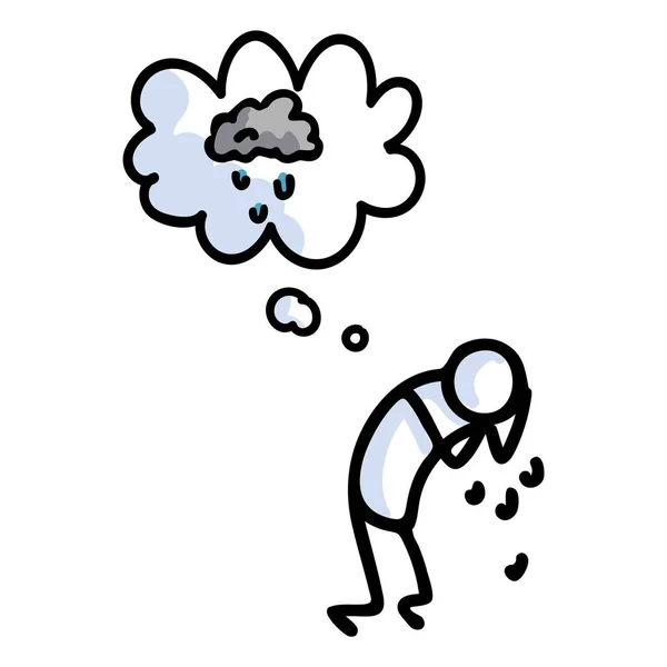 Kézzel rajzolt stickman szomorú sírás koncepció beszéd buborék. Egyszerű vázlat mentális egészség firka ikon előfizetői. A depresszió tudatosság vázlat illusztráció. — Stock Vector