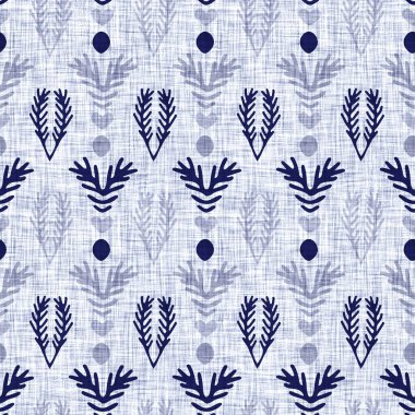İndigo mavi yaprak bloğu boyanmış keten desenli arka plan. Kusursuz örülmüş Japonlar batik kumaş örneklerini tekrarlıyorlar. Çiçek yaprakları organik bulanık blok izi. Tüm tekstil için dekoratif kumaş..