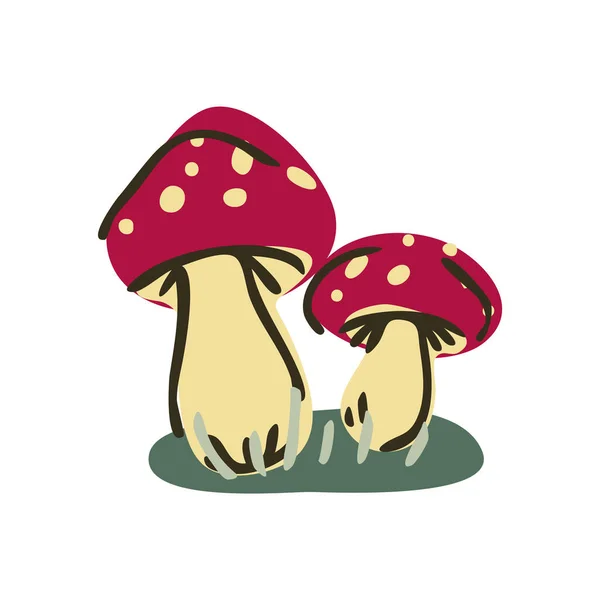 Cute kartun toadstool jamur monokrom garis keturunan vektor ilustrasi. Klien stiker terbang sederhana. Anak-anak keracunan tangan jamur ditarik kawaii mikologi. - Stok Vektor