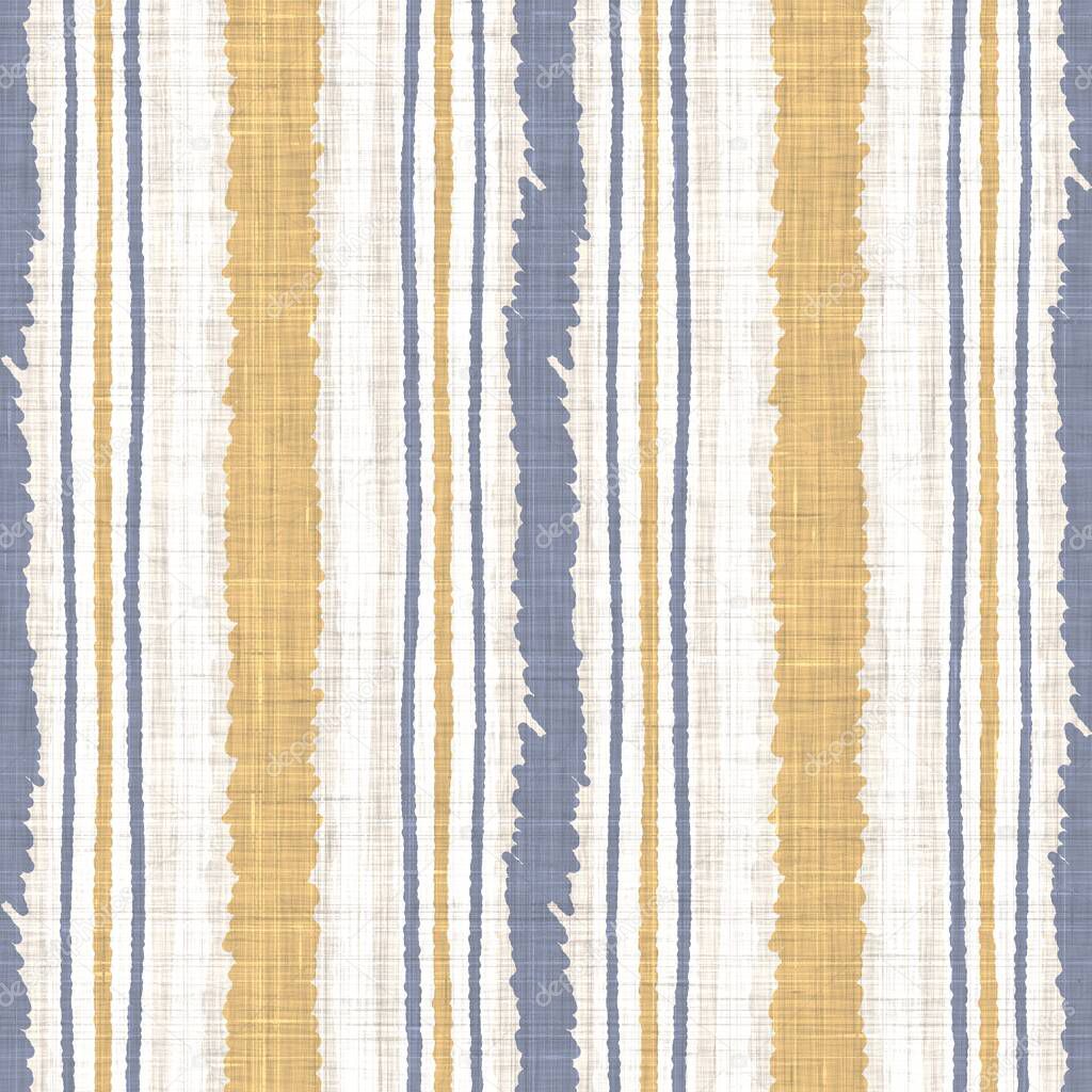 Seamless french blue yellow farmhouse style stripes texture. Woven linen cloth pattern background. Line striped closeup weave fabric for kitchen towel material. Pinstripe fiber picnic table cloth