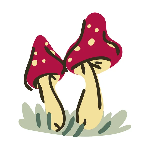 Cute kartun toadstool jamur monokrom garis keturunan vektor ilustrasi. Klien stiker terbang sederhana. Anak-anak keracunan tangan jamur ditarik kawaii mikologi. - Stok Vektor